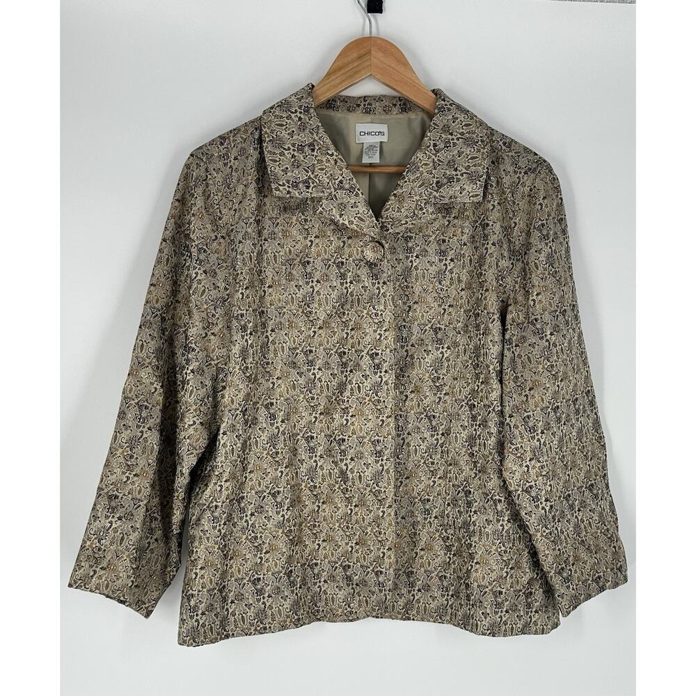 CHICOS Silver Tan Floral Tapestry Brocade Artsy Lined Jacket SIZE 3 US XL 16